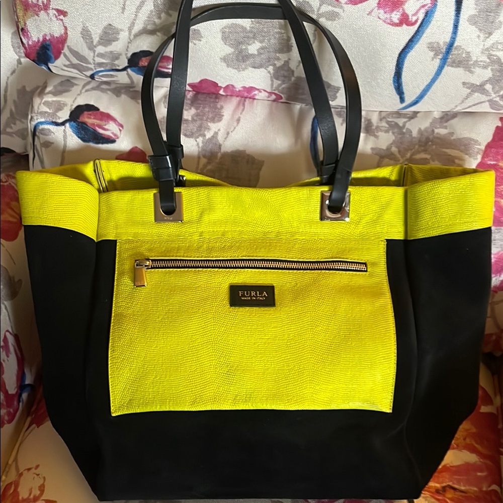 Furla Yellow and Black Tote Bag Modern Color-Block Design